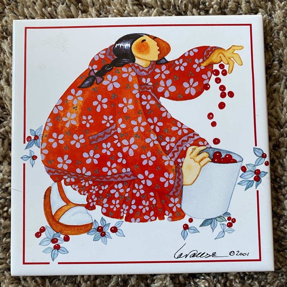 Barbara Lavallee Woman with Cherries Alaskan Artist Tile Trivet Wall Art